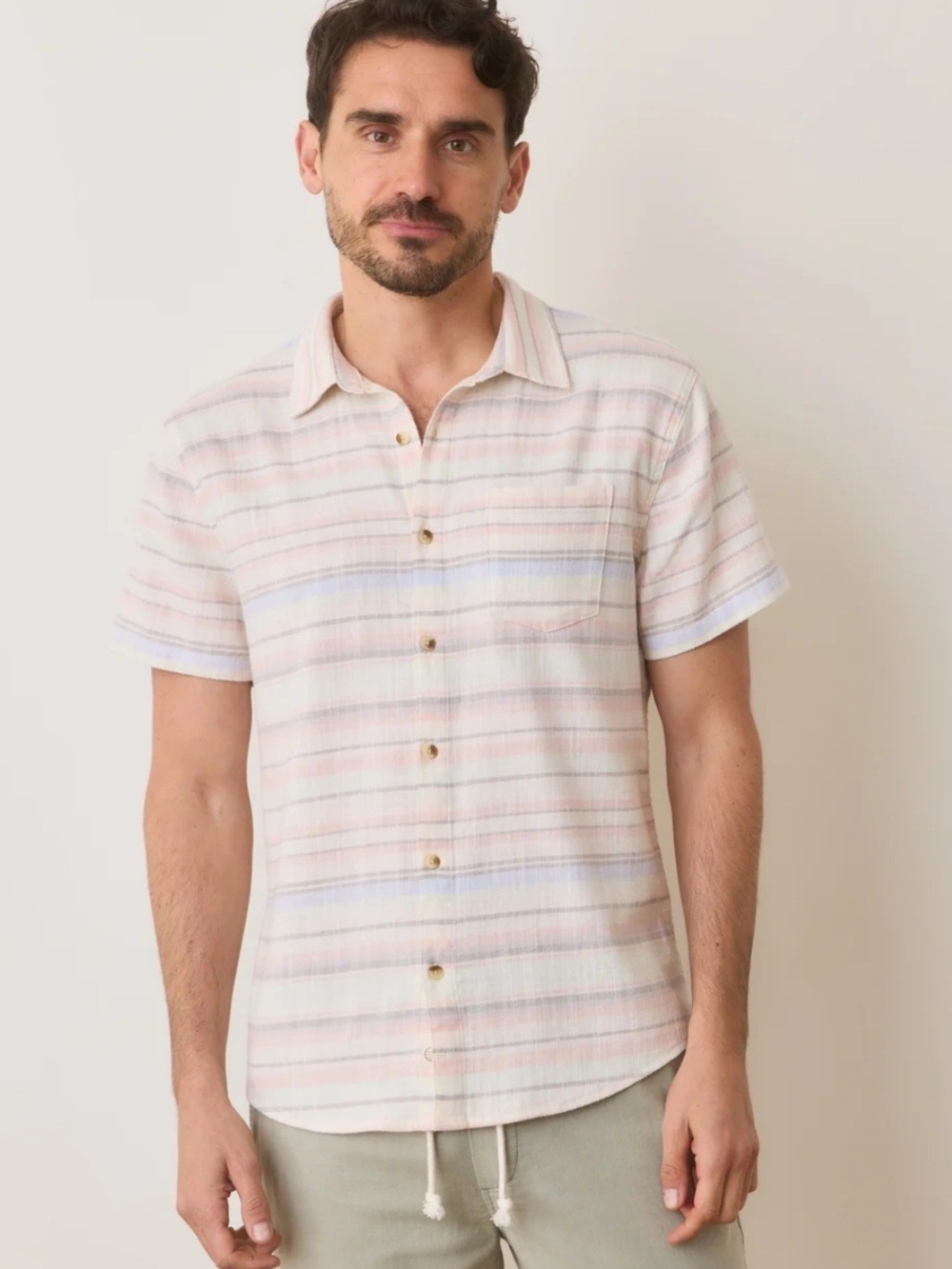 Marine Layer Classic Striped Short Sleeve Stretch Selvage Shirt | SMALL